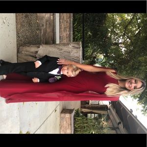 calvin klein red chiffon cape gown